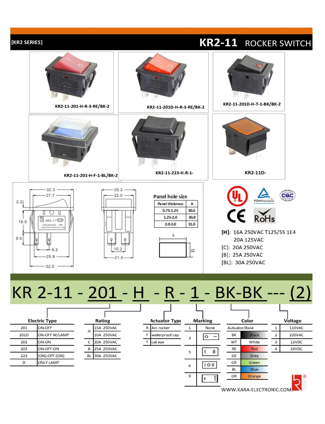 Rocker Switch UL 16A on-off Dpst Illuminated